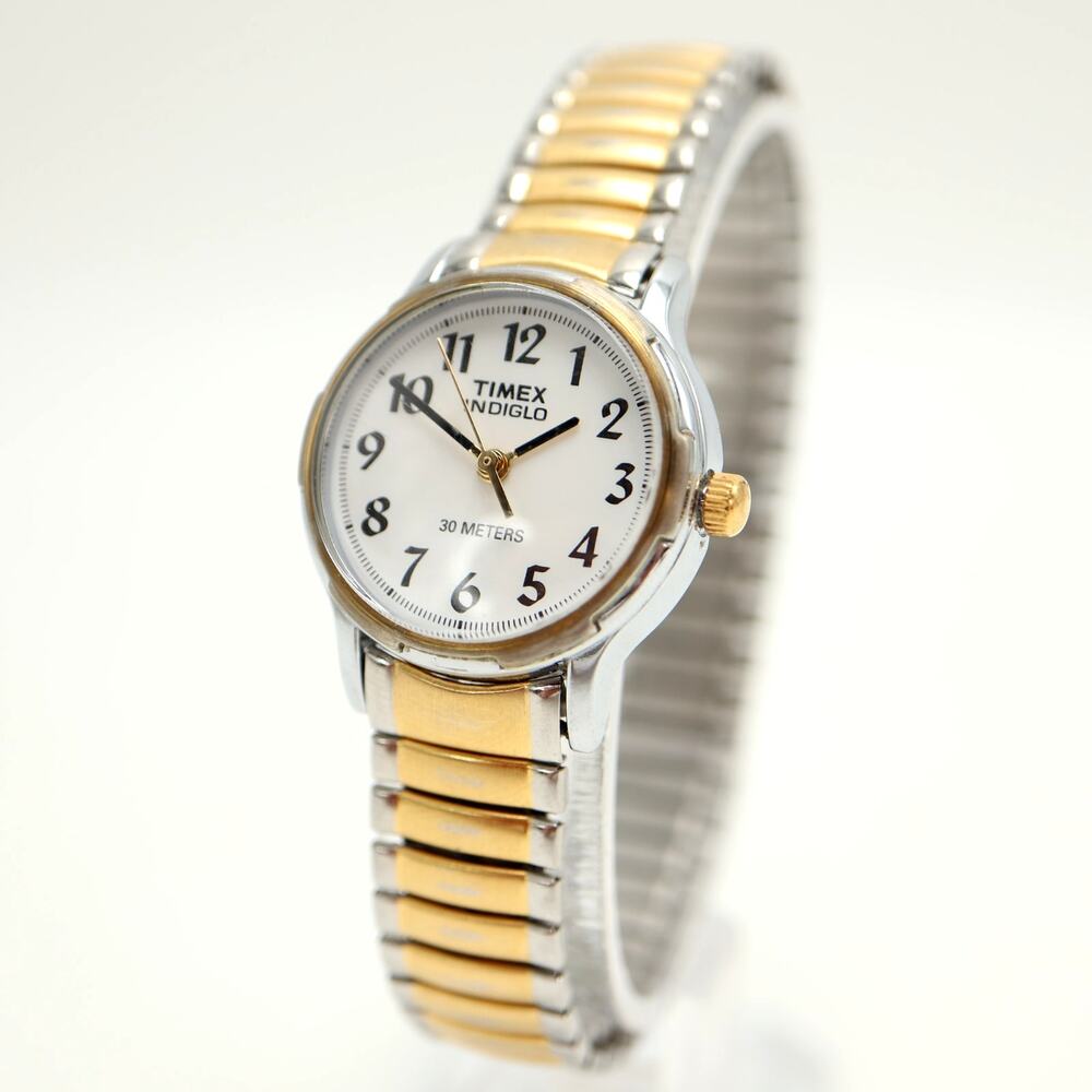 Vintage Timex Indiglo 25mm Two Tone Womens Watch Stretch Band w New Battery